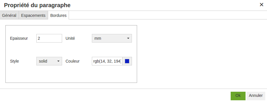 Paragraphes Onglet bordure